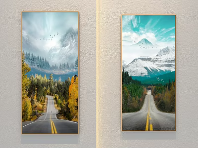 Landscape Paintings With Country Road Double Yellow Lines Autumn Trees Snowy Mountains And Flying Birds 3d model