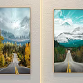 Landscape Paintings With Country Road Double Yellow Lines Autumn Trees Snowy Mountains And Flying Birds