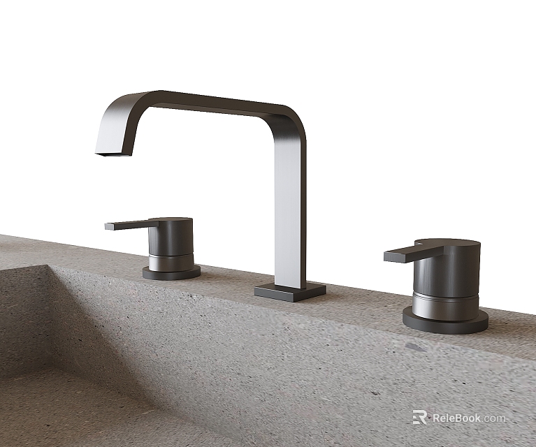 Sleek Modern Faucet With Dual Handles On Concrete Kitchen Countertop Area 3d model 