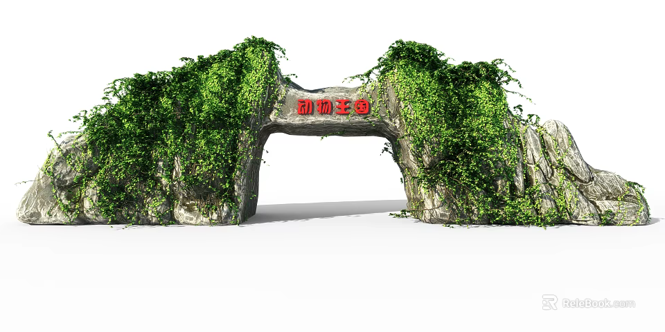 Animal Kingdom Entrance Gate Covered With Lush Green Vines On Stone Structure 3d model 