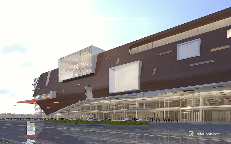 Modern Commercial Complex Architectural Design With Geometric Glass Facade And Entrance Plaza 3d model 