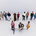Diverse Group of People Standing and Sitting in White Studio with Various Outfits