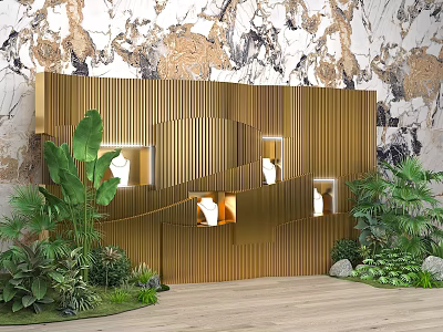 Golden Vertical Stripe Event Display Wall With Built in Windows White Exhibits And Green Plants 3d model