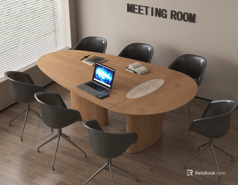 Oval Wooden Meeting Table with Black Chairs Laptop and Notebooks in Modern Meeting Room 3d model 