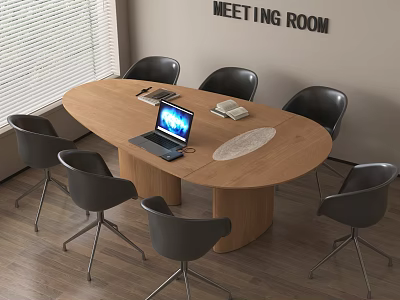 Oval Wooden Meeting Table with Black Chairs Laptop and Notebooks in Modern Meeting Room 3d model