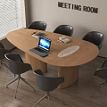 Oval Wooden Meeting Table with Black Chairs Laptop and Notebooks in Modern Meeting Room