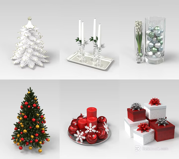 Christmas Decorative Ornament Arrangement With Festive Tree Red Candles White Gift Boxes And Colorful Decorations 3d model 
