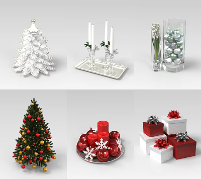 Christmas Decorative Ornament Arrangement With Festive Tree Red Candles White Gift Boxes And Colorful Decorations 3d model