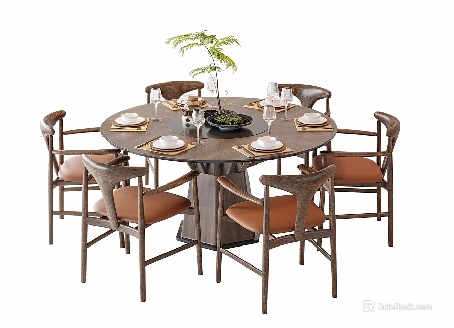 Modern Round Dining Table Set With Six Brown Upholstered Chairs And Tableware 3d model