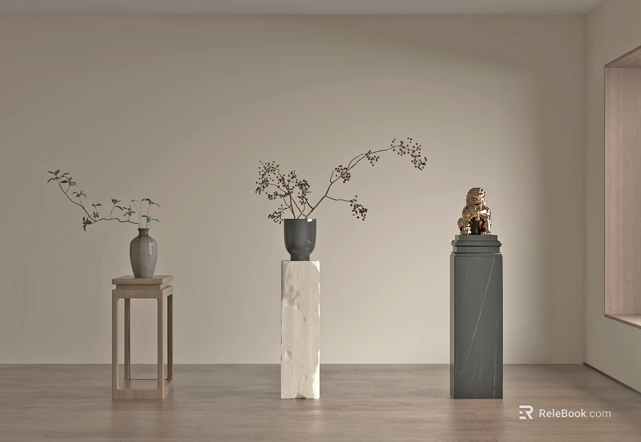 Golden Lion Sculpture Carving Displayed On Dark Stone Pedestal In Interior With Vases And Foliage 3d model 