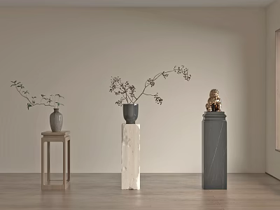 Golden Lion Sculpture Carving Displayed On Dark Stone Pedestal In Interior With Vases And Foliage 3d model