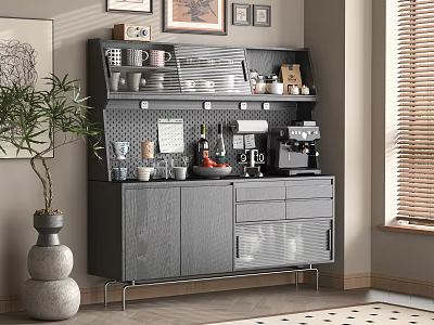 Modern Gray Sideboard With Open Closed Storage Coffee Machine Mugs Bottles And Plant 3d model