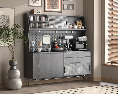 Modern Gray Sideboard With Open Closed Storage Coffee Machine Mugs Bottles And Plant 3d model