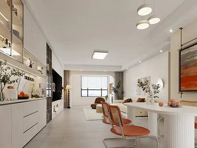 Modern Living And Dining Room Interior With White Cabinets Orange Chairs And Pendant Lights 3d model