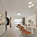 Modern Living And Dining Room Interior With White Cabinets Orange Chairs And Pendant Lights