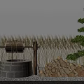 Traditional Courtyard Garden With Stone Mill Wooden Logs Dry Grass And Pine Tree