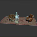 Living Room Interior With Brown Leather Sofa Armchair Rug Side Table Vase And Small Stool