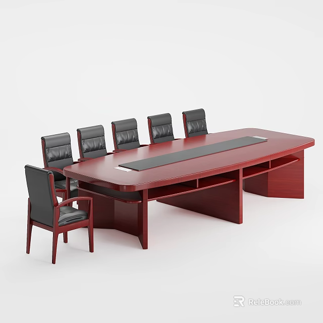 Office Conference Desk With Dark Red Wooden Surface Six Black Chairs And Central Black Strip 3d model 