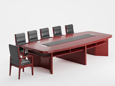 Office Conference Desk With Dark Red Wooden Surface Six Black Chairs And Central Black Strip 3d model