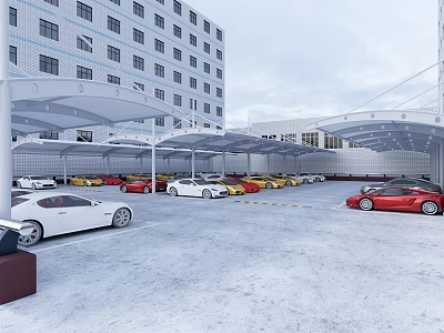Spacious Parking Lot With White Canopies Multiple Cars And Modern Building 3d model
