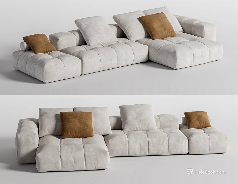 Modern Sectional Sofa With Light Gray Fabric And Brown Decorative Throw Pillows 3d model