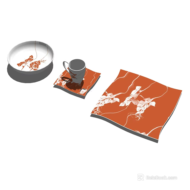 Modern Tableware Set with White Bowl Red Pattern Gray Mug and Orange Placemat White Design 3d model