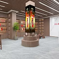 Traditional Tobacco And Liquor Store Interior With Wooden Shelves Displayed Products And Tea Table