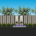 Modern White Vertical Striped Garden Wall With Green Bushes Purple Flowers And Trees