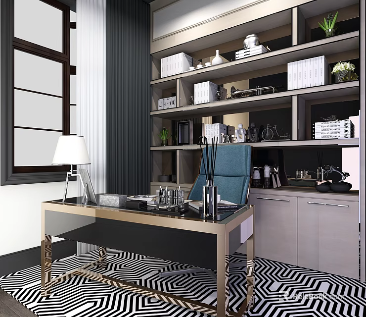 Modern Home Office Desk With Blue Chair Lamp Bookshelf Books And Green Plants 3d model 