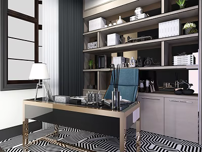 Modern Home Office Desk With Blue Chair Lamp Bookshelf Books And Green Plants 3d model