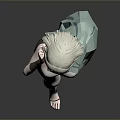 3D Female Character With Light Hair Green Shawl And Dark Outfit Standing In Gray Background