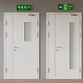 Safety Exit Doors With Glass Panels And Green Emergency Signs On Gray Wall