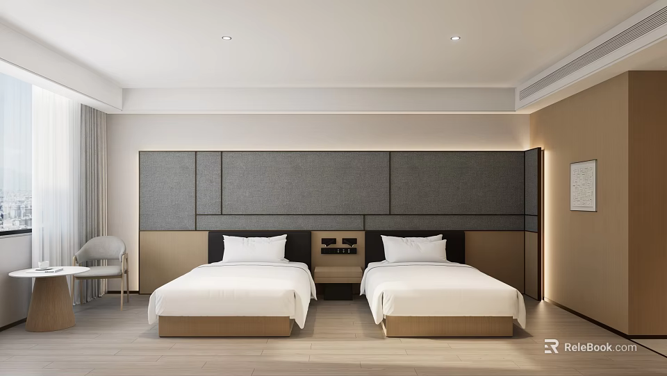 Modern Hotel Room Interior With Twin Beds Gray Paneled Headboard And Wooden Flooring 3d model 