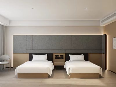 Modern Hotel Room Interior With Twin Beds Gray Paneled Headboard And Wooden Flooring 3d model