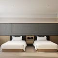 Modern Hotel Room Interior With Twin Beds Gray Paneled Headboard And Wooden Flooring