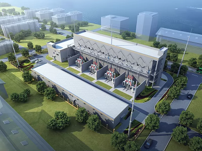 Modern Industrial Factory Building Surrounded by Green Trees and Multiple Roof Structures 3d model