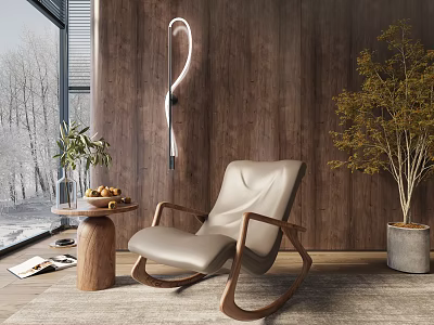 Beige Leather Rocking Chair With Wooden Wall Floor Lamp Potted Plant And Snowy Window View 3d model