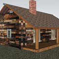Rustic Log Cabin With Wooden Roof Brick Chimney Porch Green Grass And Mountain View