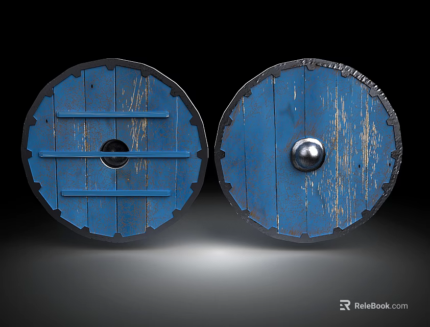 Pair of Blue Round Medieval Shields Featuring Rustic Wooden Texture And Edge Metal Accents 3d model 