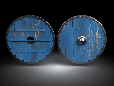 Pair of Blue Round Medieval Shields Featuring Rustic Wooden Texture And Edge Metal Accents 3d model