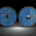 Pair of Blue Round Medieval Shields Featuring Rustic Wooden Texture And Edge Metal Accents