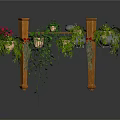 Decorative Garden Structure With Wooden Pillars Hanging Plants Red Flowers And Green Vines