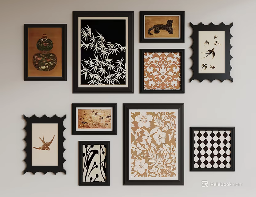 Abstract Paintings Collection on Wall with Framed Art and Diverse Patterns 3d model