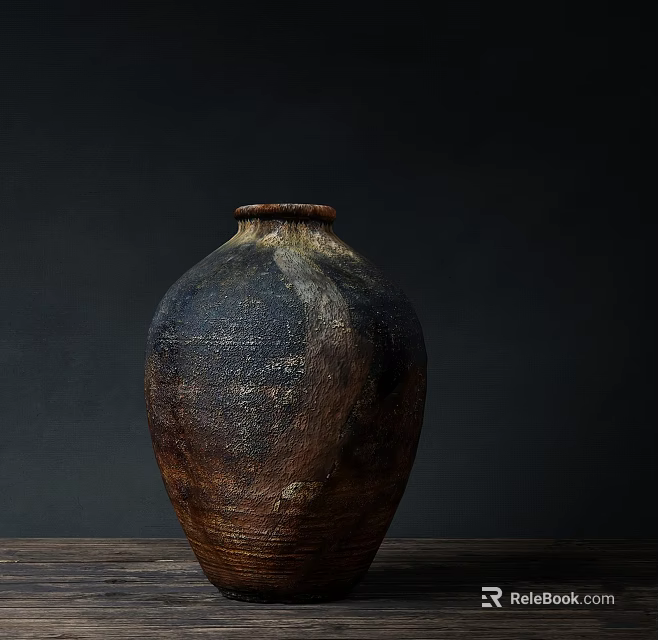 Handcrafted Ceramic Vase With Textured Surface On Wooden Table Against Dark Background 3d model