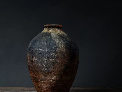 Handcrafted Ceramic Vase With Textured Surface On Wooden Table Against Dark Background 3d model