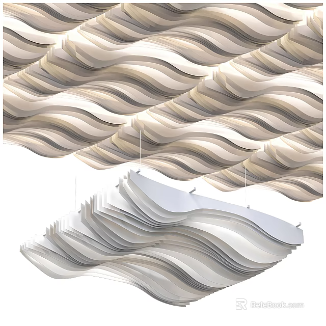 Modern Ceiling Design Featuring Wavy Layered Panels In Beige And Gray Tones 3d model 