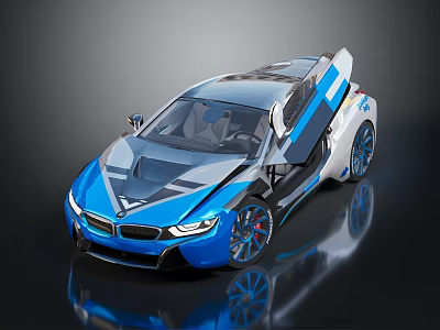 Modern Blue And Silver Sports Car With Open Doors Stylish Wheels And Sleek Exterior Design 3d model