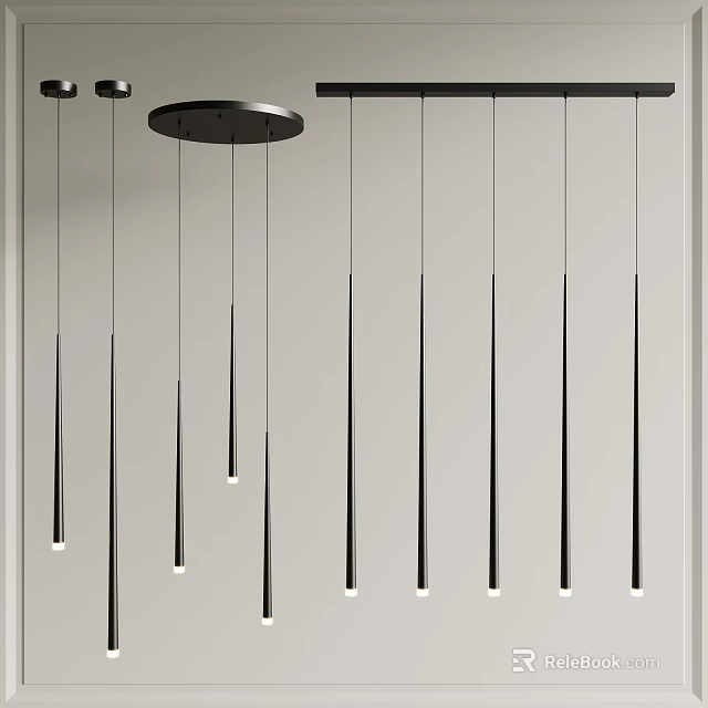 Modern Sleek Black Metal Linear Chandeliers Suspended From Ceiling Design 3d model