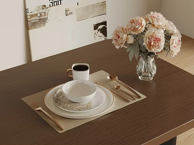Elegant Ceramic Dinnerware Set with Bowl Cup Cutlery on Wooden Table and Pink Flowers 3d model