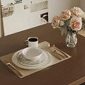 Elegant Ceramic Dinnerware Set with Bowl Cup Cutlery on Wooden Table and Pink Flowers